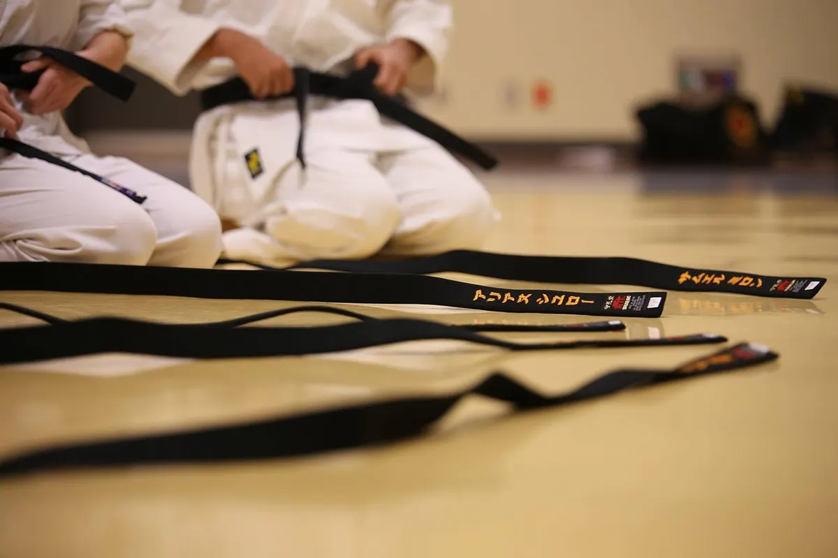 Cintos negros de karaté pousados no tatami