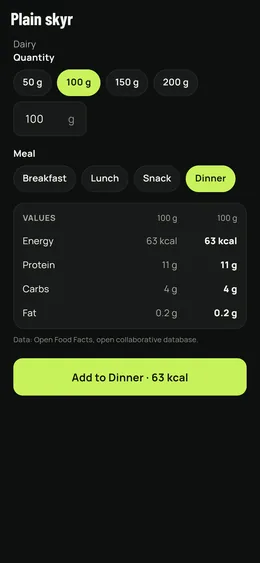 A ficha de um alimento lido, com os seus valores e a quantidade a escolher.