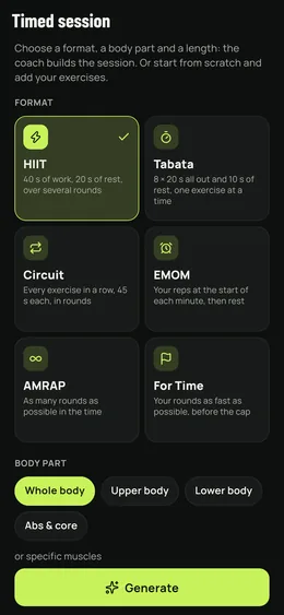 A escolha de um formato com cronómetro: HIIT, Tabata, circuito, EMOM, AMRAP, For Time.