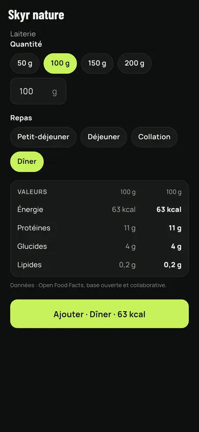 The sheet of a scanned food, with its values and the amount to pick.