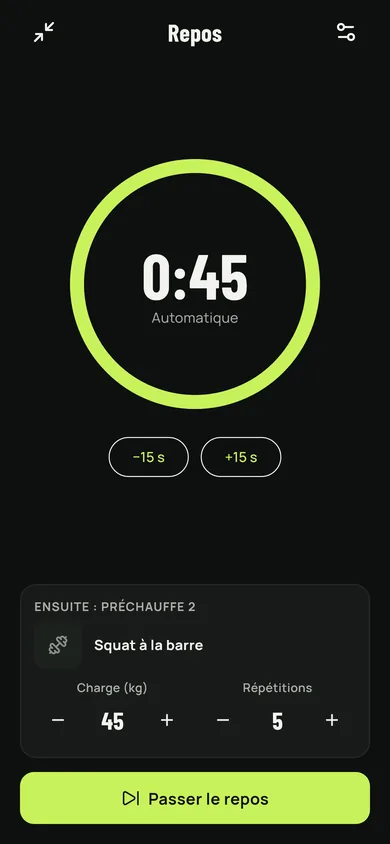 Der Pausen-Timer, mit der nächsten Übung schon bereit.