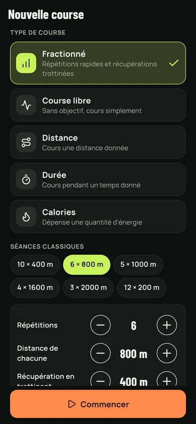 Setting up a run: kind of run, intervals, repetitions and recovery.