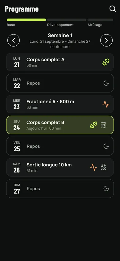 The programme week, day by day, with sessions and rest days.
