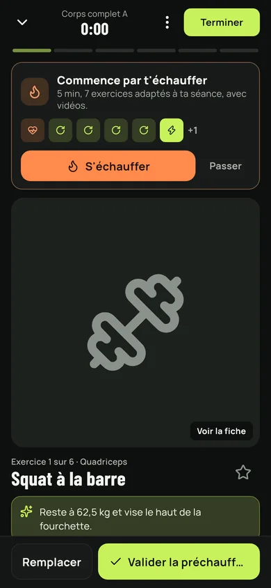 Die laufende Einheit: die Übung, ihre Sätze, Gewicht und Wiederholungen zum Bestätigen.